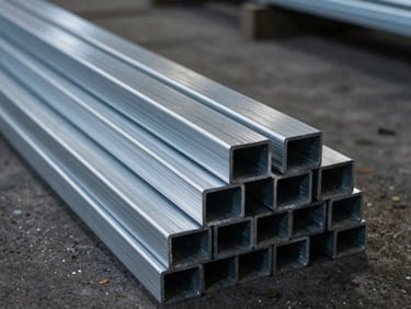 A stack of standard aluminum structural angles and tubes on a factory floor, cool metallic tones, dramatic shadows, 35mm