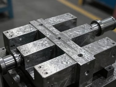 An industrial steel extrusion matrix mold close-up, high-contrast factory lighting, raw metallic texture, 35mm