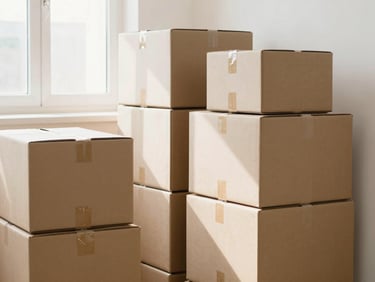 Cardboard boxes neatly stacked in a bright, airy room, soft morning daylight, clean composition.