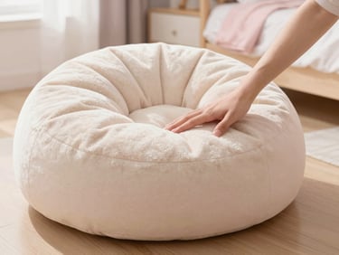 A hand gently touching a soft faux fur bean lounger in a pastel-toned teen bedroom, soft morning daylight.