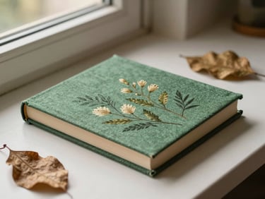 A green cloth-bound book cover with botanical illustrations, surrounded by dried leaves under soft morning light.