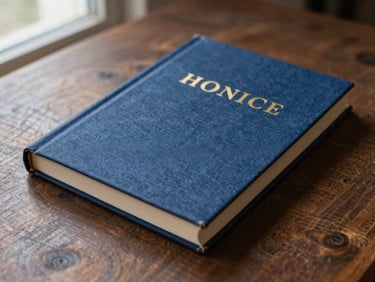 A deep blue linen book cover with embossed gold typography, shot from a high angle on a dark wooden table.