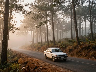 A white local taxi driving along a misty, pine-lined plateau road in Netarhat during early morning, soft golden light filtering through trees, 35mm