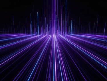 Wide abstract digital landscape of data streams, glowing vertical lines, high-contrast cybernetic glow, neon violet and blue backlighting.