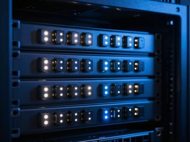 Close-up of a server rack with blinking LED lights, high-contrast cybernetic glow, neon blue backlighting, deep shadows.