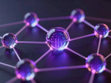 Abstract 3D rendering of digital network nodes, glass spheres reflecting glowing data streams, neon violet backlighting, macro framing.
