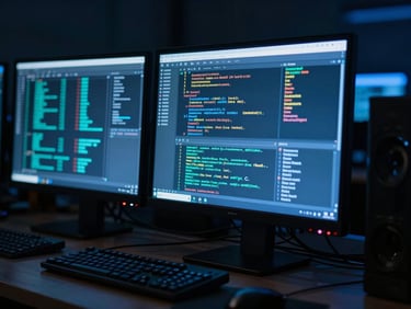 Macro shot of a high-end technical setup, glowing computer monitors displaying analytics code, deep shadows, cybernetic blue lighting.