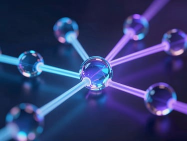 Abstract 3D glass nodes representing data flow, interconnected glowing lines, neon blue and violet backlighting, deep shadows, macro framing.