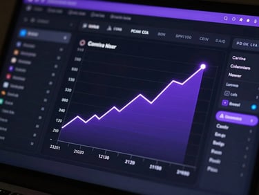Macro close-up of a dark-mode UI dashboard showing complex CPA metrics, upward-trending conversion charts, high-contrast cybernetic glow, neon violet backlighting, deep shadows.