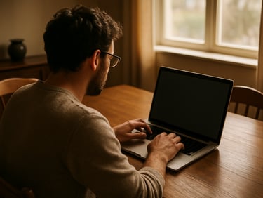 Over-the-shoulder shot of an agency member working on a laptop in a cozy dining room, natural light.