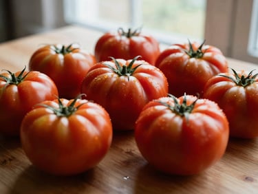 Close-up of freshly harvested heirloom tomatoes on a wooden prep table, natural morning light, rich high-contrast tones.