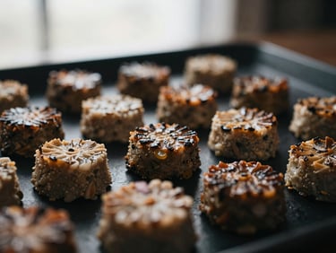 Close-up of plated artisanal food on a dark surface, high contrast, soft diffused light.