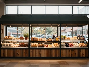 Wide environmental shot of a beautifully designed modern food market stall before opening, soft window light.