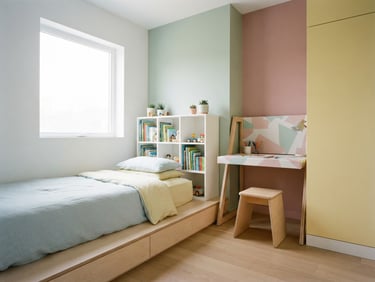 Low-angle architectural shot of a compact, minimalist kids' bedroom with a low platform bed, slim cube bookcase, and colorful fabric desk, bright natural morning light, clean pastel color blocks, 35mm