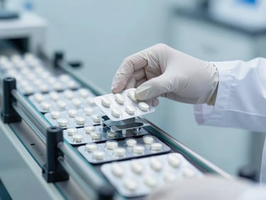 Close-up of a scientist in cleanroom attire inspecting pharmaceutical blister packs on a conveyer belt, cool, bright studio light, sharp macro focus, 35mm