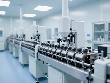 Automated pharmaceutical packaging line in a sterile, brightly lit cleanroom, blue and white tones, wide-angle architectural shot, 35mm