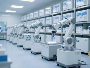 Wide shot of a modern, organized pharmaceutical warehouse with automated robotic systems and climate-controlled storage, cool blue lighting, high-key clinical photography, 35mm