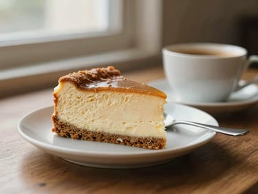 A slice of traditional cake on a small ceramic plate next to a warm cup, warm editorial photography, shallow depth of field, 35mm