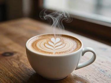 Medium close-up of a steaming ceramic cup of coffee with latte art on a rustic wooden table, soft natural window light, shallow depth of field, 35mm