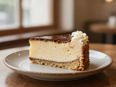 A slice of homemade cake on a rustic plate, warm cafe lighting, shallow depth of field