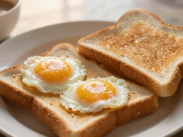 Medium close-up of a freshly plated local Malaysian breakfast with soft-boiled eggs and toast, warm golden hour light, rich textures, 35mm