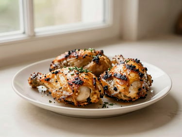 A satisfying plate of grilled chicken with local herbs, freshly prepared, soft natural window light, appetizing food photography, 35mm