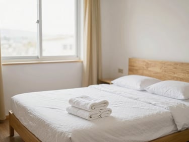 Clean budget-friendly double bed room, comfortable mattress, fresh towels, large window with soft natural light