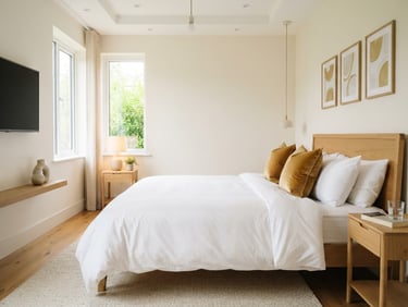Bright modern guest house room interior, spotless white linens on a king bed, warm gold accent cushions, soft daylight from window, 35mm lens