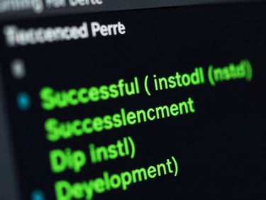 High-contrast macro photo of a terminal screen showing a successful pip install and deployment command, neon green text on a dark background, shallow depth of field.