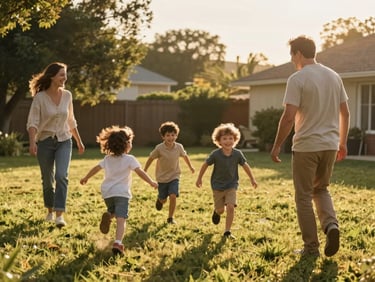 Family of four in a sunlit backyard — children mid-run toward parents, warm golden late-afternoon light, genuine laughter, wide environmental framing, no one posing