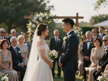 Wide wedding ceremony outdoors — couple facing each other under a simple arch, warm afternoon light, guests softly out of focus in the background, candid and documentary in feel