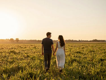 Backlit engagement couple in a sun-drenched field, golden-hour glow, walking toward each other, environmental wide framing, warm haze, candid and unposed