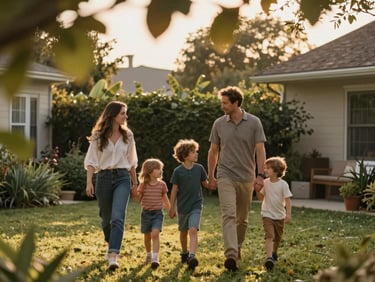 Medium shot through foreground leaves, a family of four walking together in a golden-hour backyard, parents holding children's hands, all looking at each other, warm backlit glow, candid and unhurried