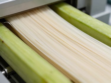 Close-up macro shot of banana pseudostem fiber being processed by clean, high-tech industrial machinery under bright studio light, sharp focus, organic green and raw cream tones, crisp industrial photography.