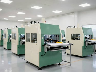 Wide-angle view of a clean, high-key industrial manufacturing floor with advanced machinery, illustrating the flow of materials, bright studio light, crisp industrial photography.