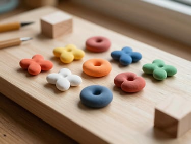 Macro photography of colorful polymer clay shapes and soft pine wood blocks on a sunlit craft table, warm natural light, soft shadows