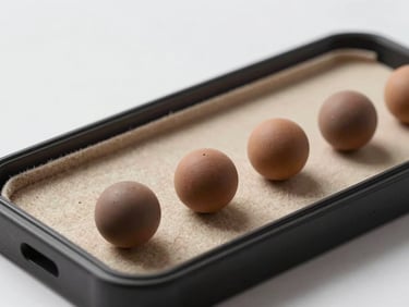 Macro shot of a physics marble game on a mobile screen, smooth clay marbles rolling on a felt track, soft studio lighting, realistic drop shadows.