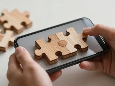 Macro shot of a wooden puzzle game on a mobile screen held in relaxed hands, soft natural studio light, gentle shadows, warm oak and matte plastic textures.