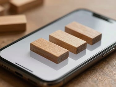 Macro shot of a cozy physics puzzle game on a phone screen, smooth wooden blocks sliding into place with soft drop shadows, warm natural studio lighting.