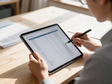 Over-the-shoulder view of a business owner reviewing financial spreadsheets on a tablet in a bright, sunlit artisan workshop, natural lighting, highly professional.
