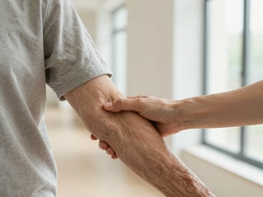 A close-up of a caregiver's hand gently supporting an older adult's arm in a bright, clean home corridor, soft natural lighting.