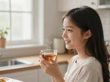 An over-the-shoulder view of a daughter smiling warmly in a sunlit kitchen, holding a cup of tea, soft morning light, shallow depth of field.