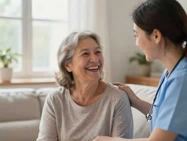 Warm editorial photography of a caregiver and an older woman laughing together in a sunlit living room, soft natural window light, shallow depth of field, 35mm