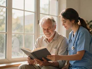 A cheerful older gentleman and a caregiver looking at a book together near a large window, warm golden hour light, 35mm.
