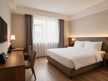 Bright standard hotel room, queen bed with clean white linens, modern dark wood desk, warm ambient lighting, 24mm lens.