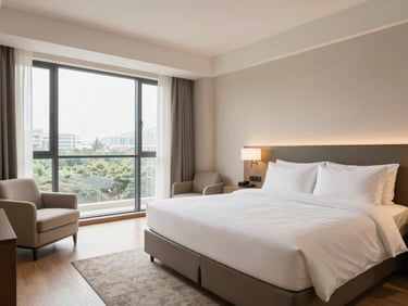Spacious deluxe hotel room, king bed with crisp white linens, comfortable armchair, large window with natural daylight, 24mm lens.