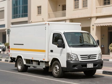 Wide environmental shot of a clean, organized plumbing service vehicle parked near a recognizable Dubai street corner, bright natural daylight.