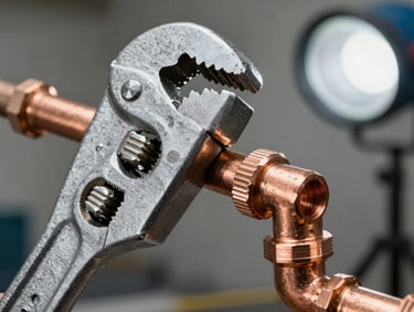 Close-up of professional plumbing tools, a heavy steel pipe wrench gripping a clean copper pipe fitting, bright work light, sharp focus.