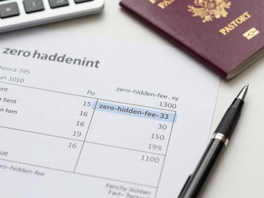 Close-up of a meticulously organized invoice with 'zero-hidden-fee' highlighted, alongside a passport and a pen on a clean desk, bright natural daylight, high-contrast neutral tones