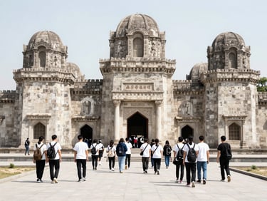 Students on a cultural tour at an ancient monument, desaturated, high-contrast, bright natural daylight.